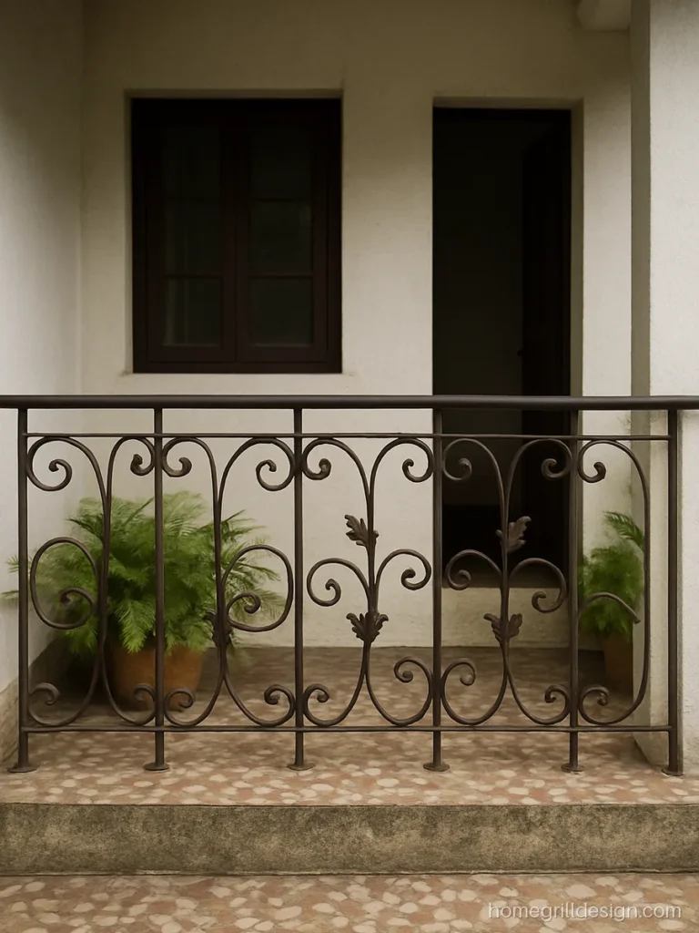 Lohe ki railing design with scroll and leaf pattern in dark brown