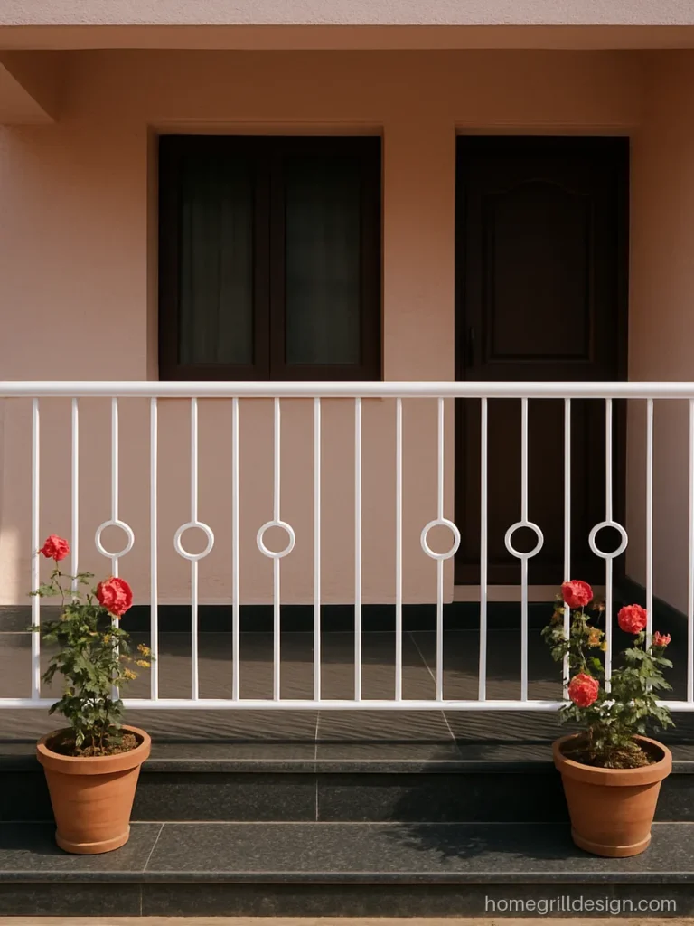 Fancy railing design with straight bars and rings in white