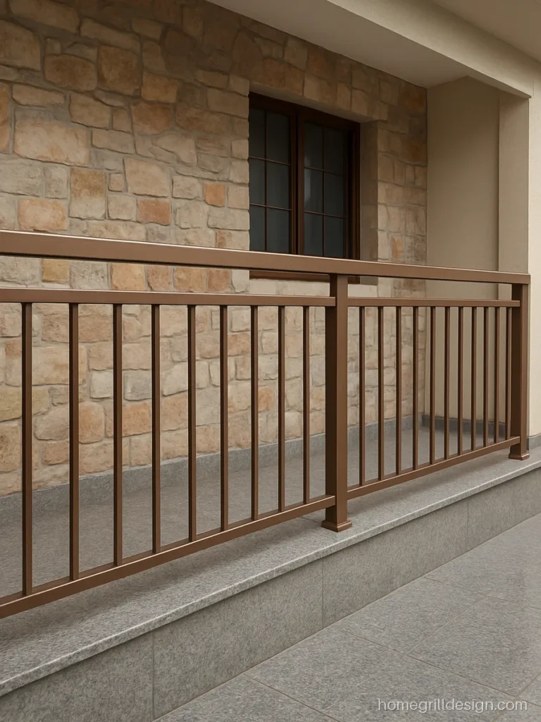 Railing grill design with flat and round bars mixed in bronze