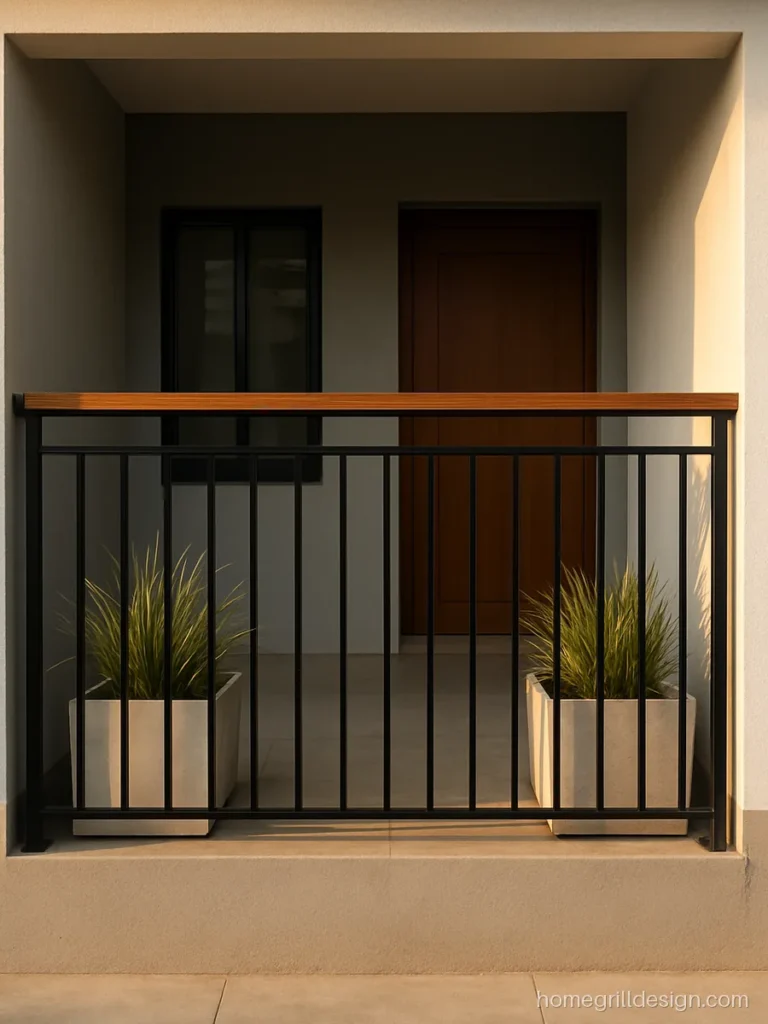 Modern railing design with square pipes and wood top rail