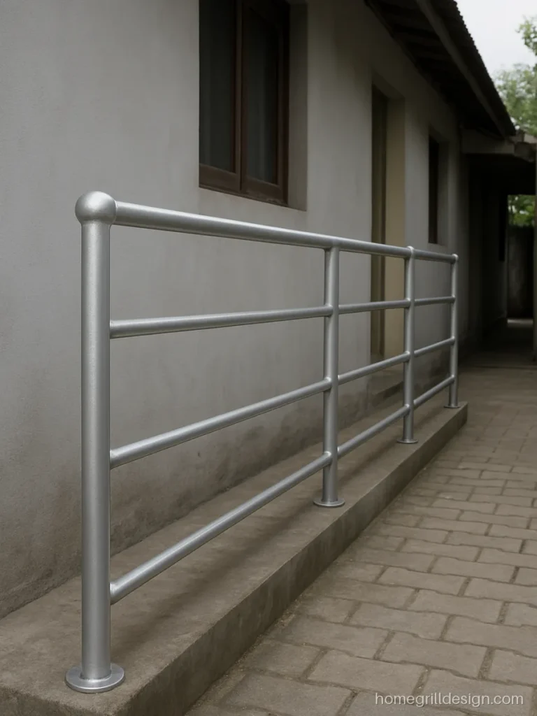 Simple railing grill design with GI pipes in silver paint