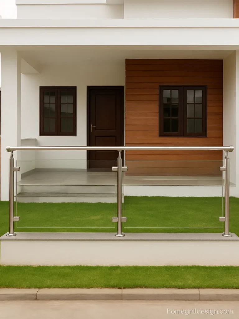 Steel railing design for house front with satin SS and glass