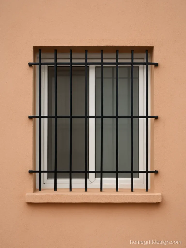 Window railing design outside a low sill window in black bars