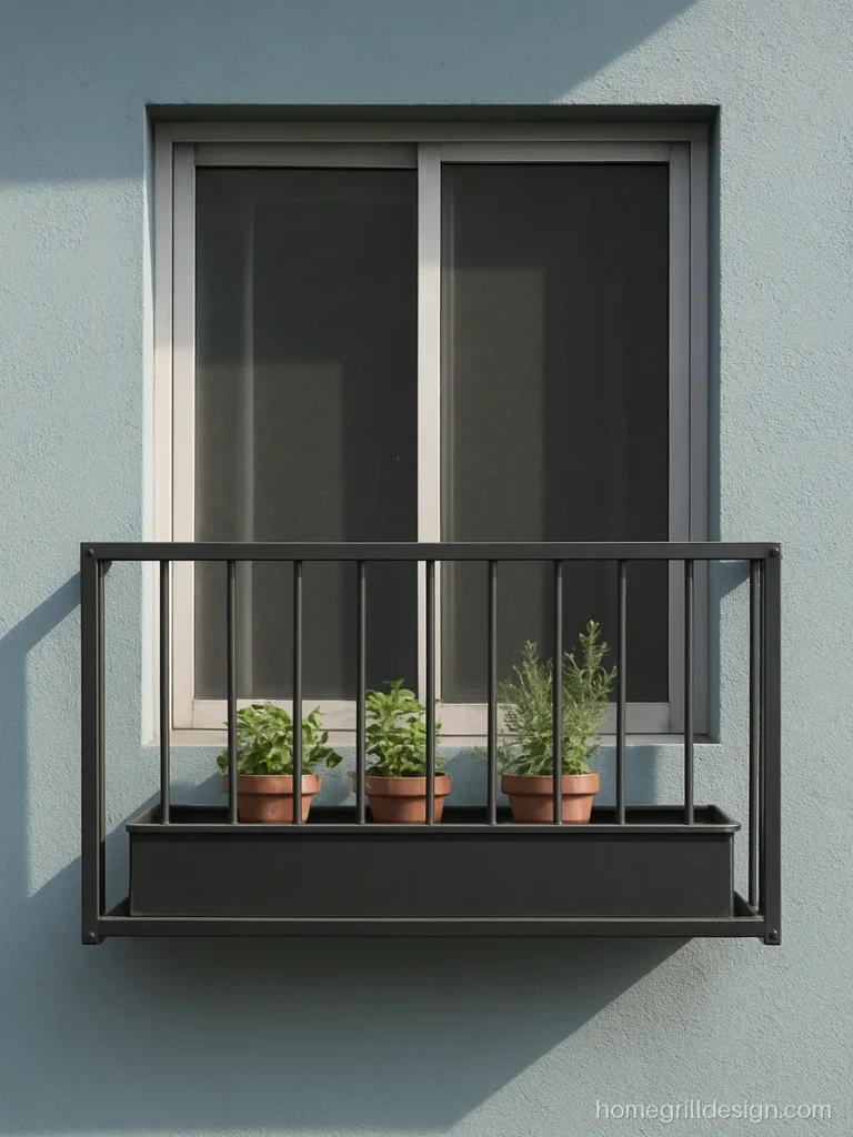 Window railing with built in planter box in grey MS