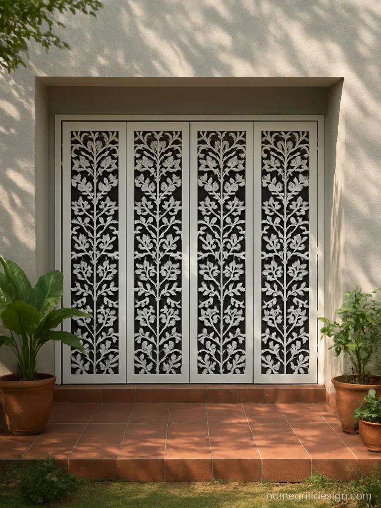 Bi-fold grill door in white MS with laser cut floral panels for a sit out