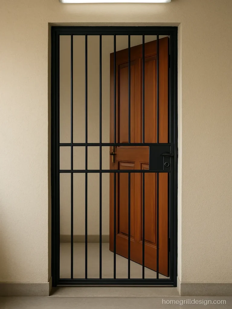 Simple door grill design for a flat with black vertical MS bars and a centre lock plate