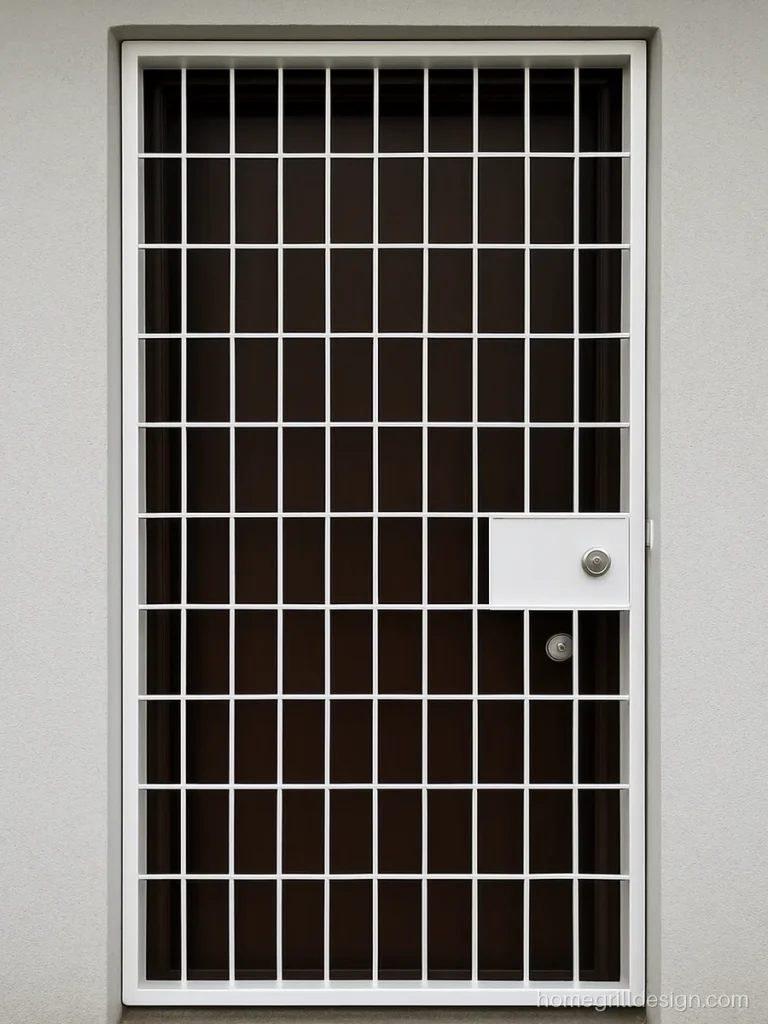 Single door grill design in white MS box pattern for a modern flat entry