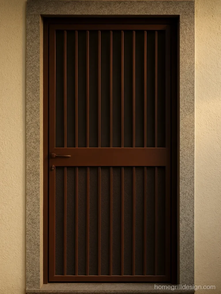 Main door grill designs for flats in wood tone finish with a lower mesh panel