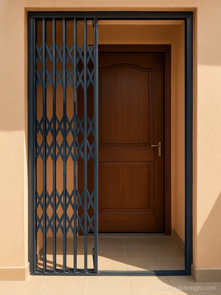 Folding grill door design in MS pipe collapsible style painted dark blue