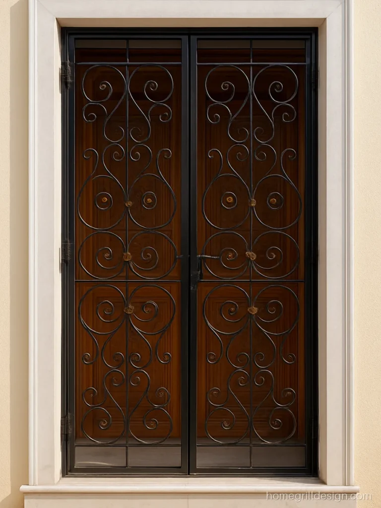 Double door grill design with black scroll work and gold tips for a house front