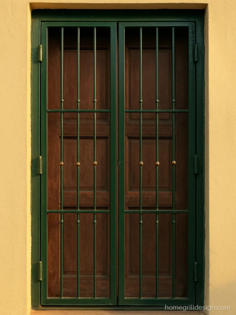 Iron grill design for main door with unequal shutters in dark green and brass knobs