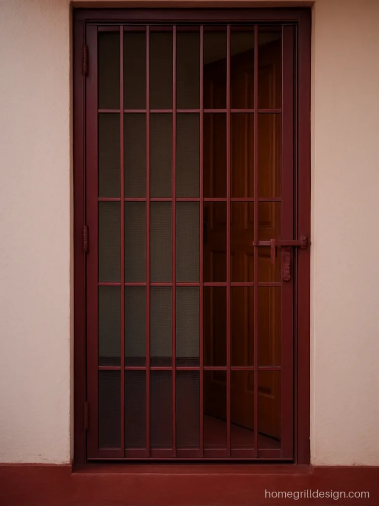 Iron grill door with mesh in maroon frame and vertical bars for an evening breeze
