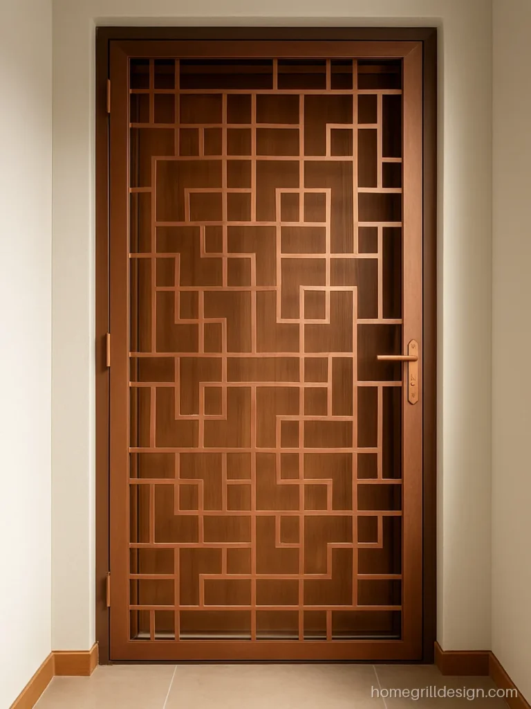 Modern safety door grill design with copper finish geometric laser cut panel