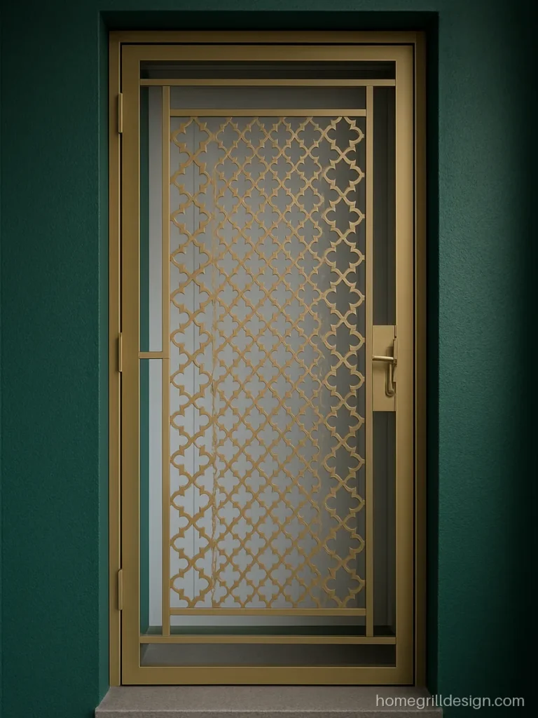 Stainless steel door grill design with champagne jali laser cut pattern