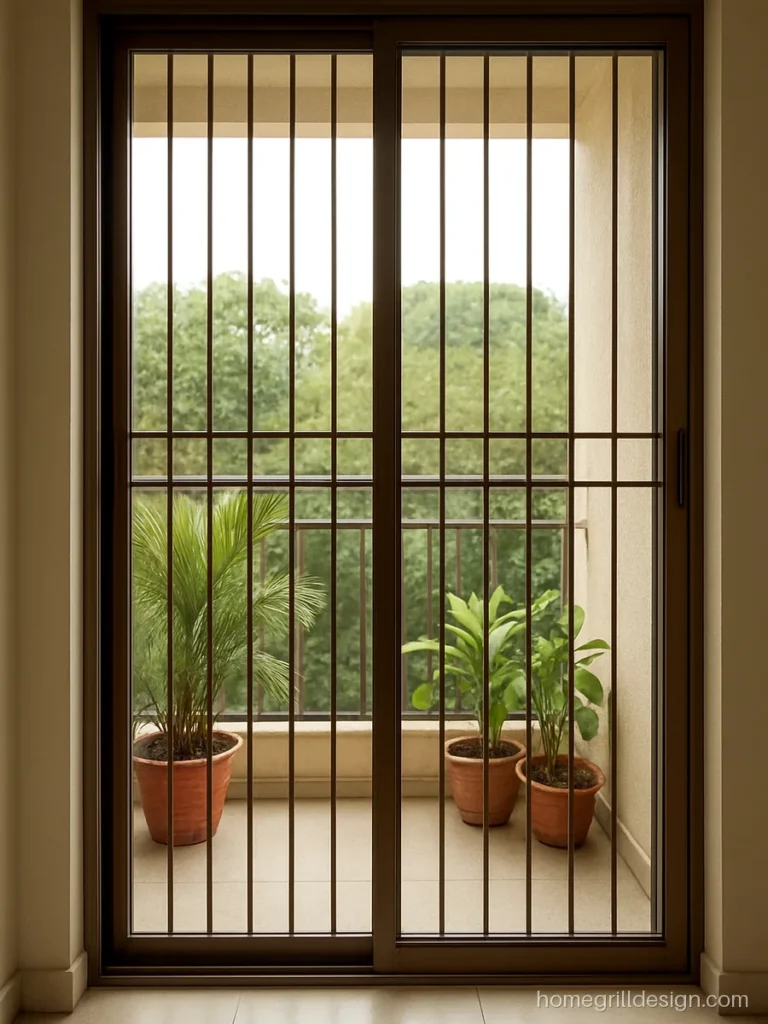 Sliding grill door for balcony in bronze aluminium section with a mesh shutter