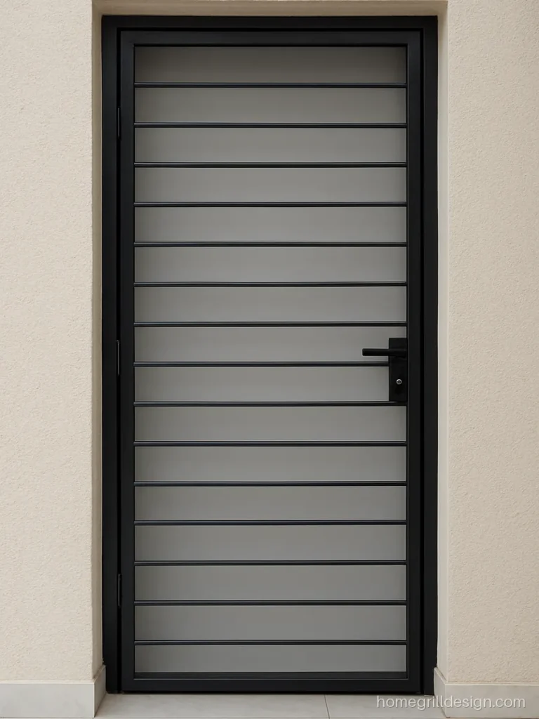 Modern steel grill door in black PVD stainless steel with a ladder pattern