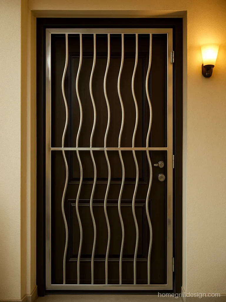 Steel grill design door with mirror finish round pipes in a wave pattern