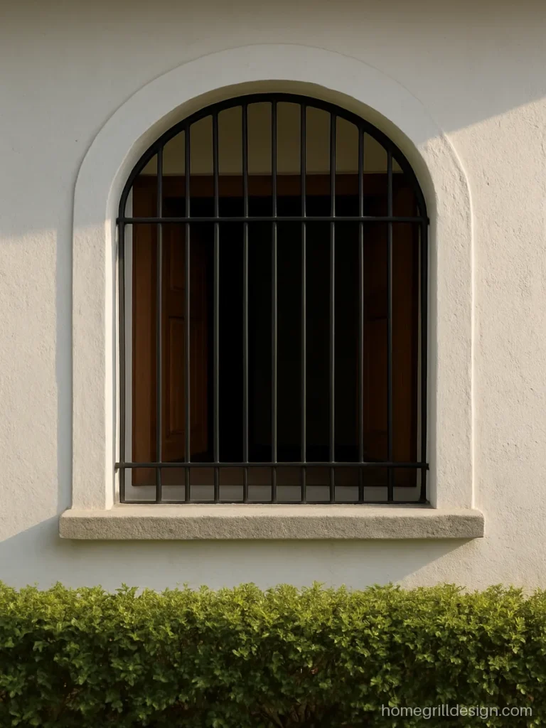 Bungalow grill design in satin black with a plain arched top on a front window