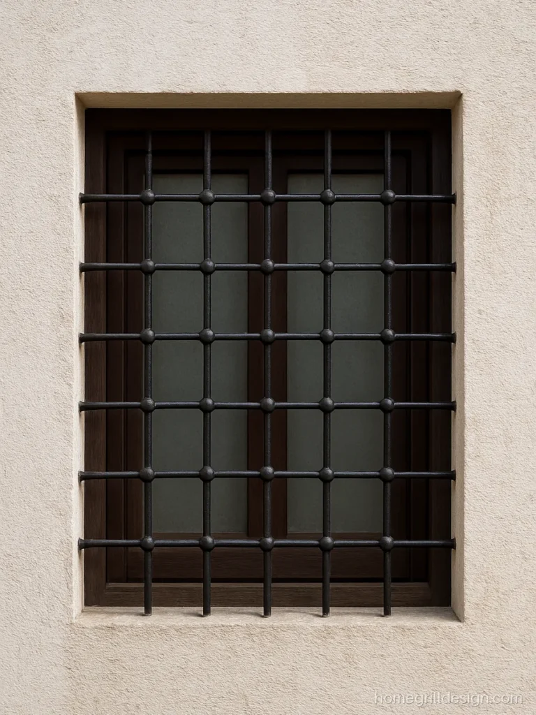 Simple grill design photo with a black bar grid and small ball knobs on a street window