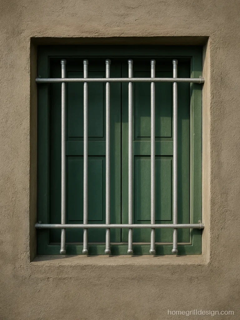 Simple grill design in GI round pipes with silver finish on a store room window
