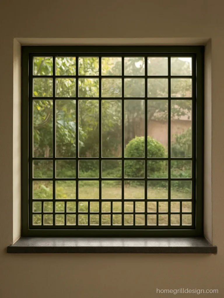 Lower grill design with small flat strip squares in olive green on a low window