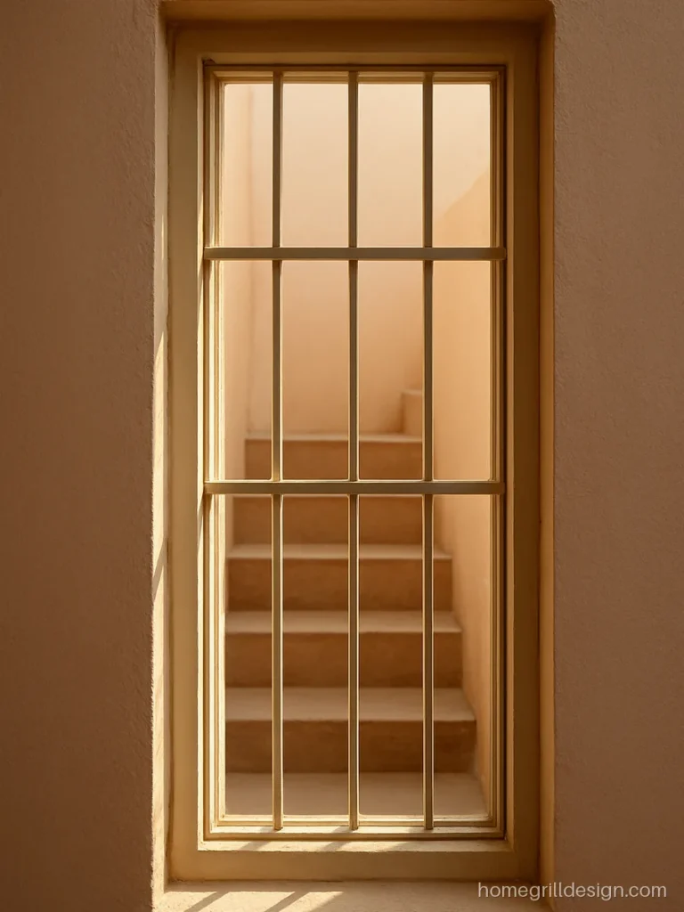 Narrow simple grill design in cream paint on a tall staircase window