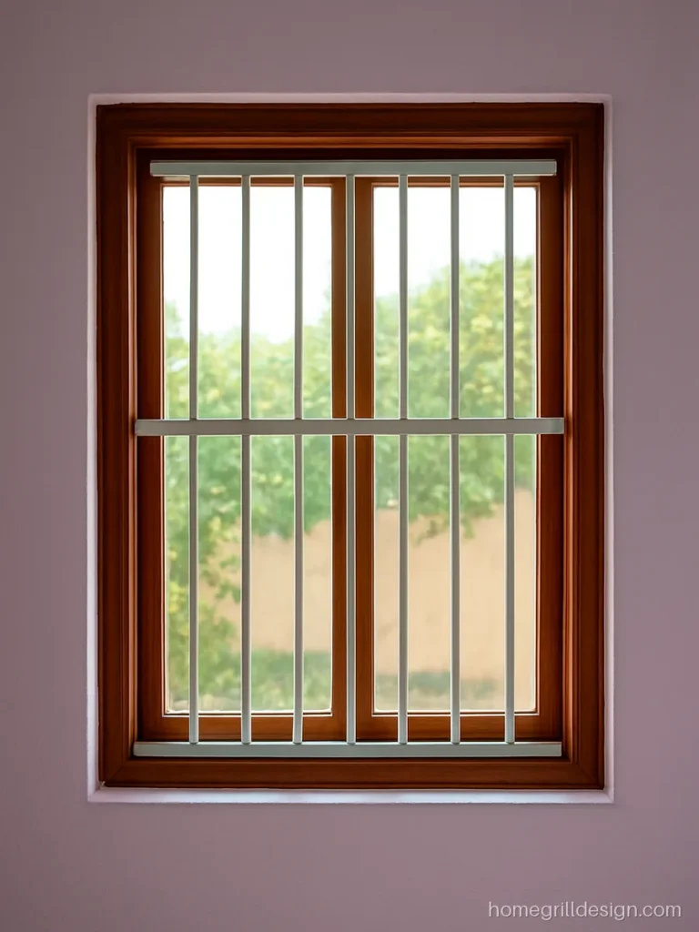 Plain grill design with vertical square bars painted white on a bedroom window