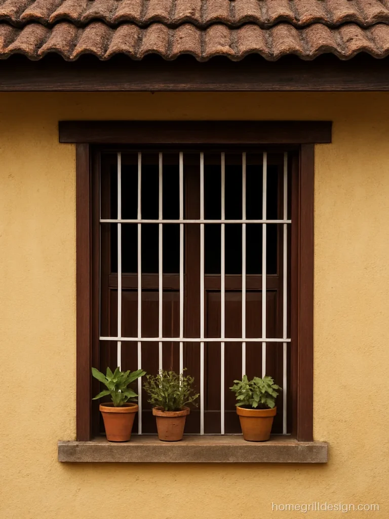 Bungalow front grill design in white round bars on a teak framed window