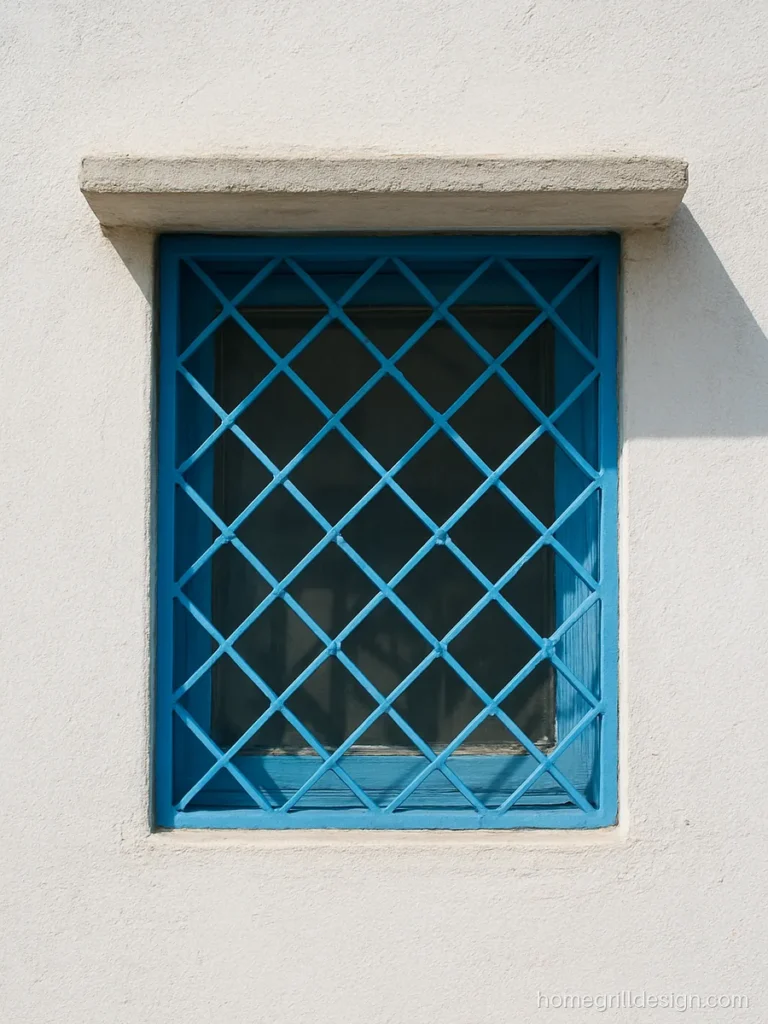 Small grill design with a plain diamond grid in sky blue on a square window