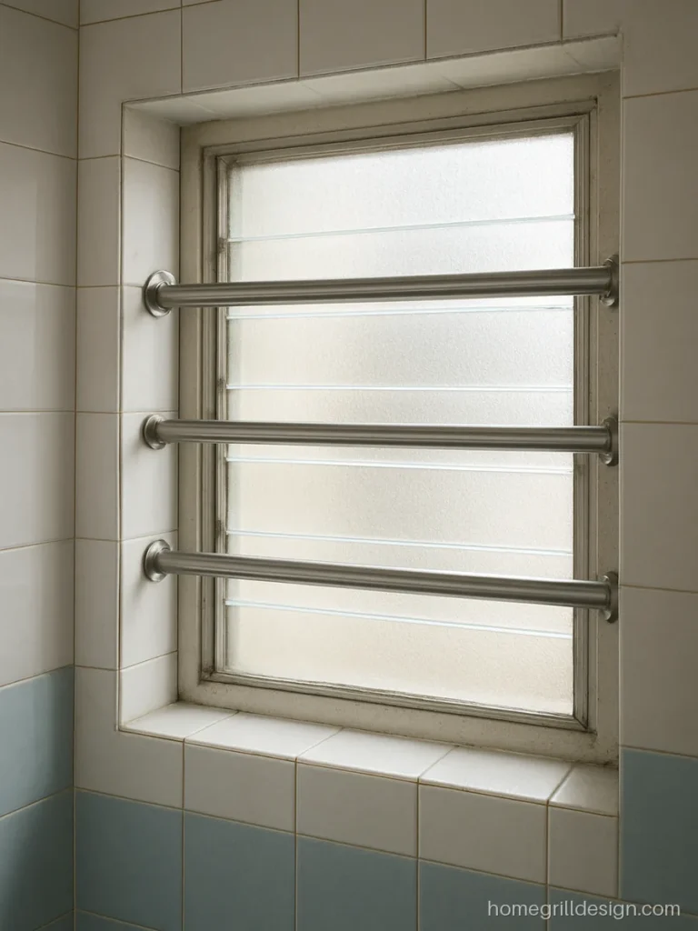 Small grill design in satin stainless steel pipes on a bathroom window