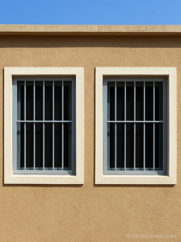 Simple house front grill design repeated on twin windows in light grey