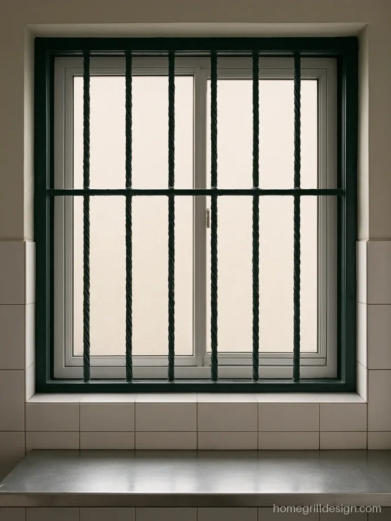 Simple grill for a kitchen window with twisted square bars in bottle green