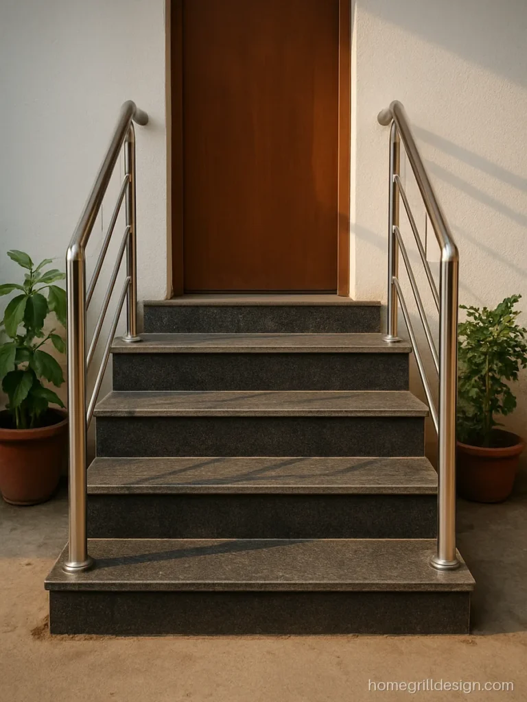 Steps grill design with SS railing on entrance steps
