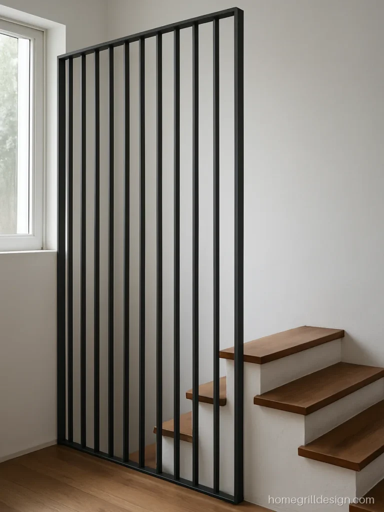 Modern stairs grill design with floor to ceiling flat bars in charcoal