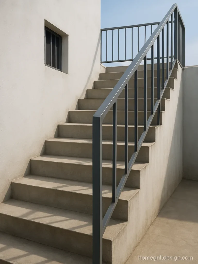 Simple iron grill design for stairs in grey on a terrace stair