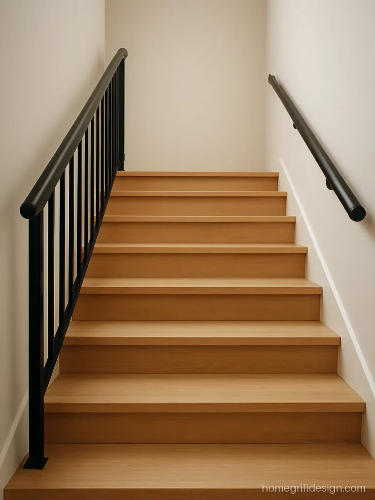 Steel stair railing with black coated SS posts and wall mounted rail