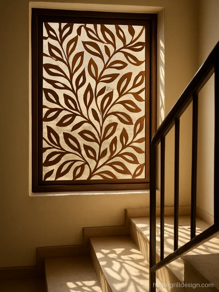 Staircase window grill design with laser cut leaf panel in copper