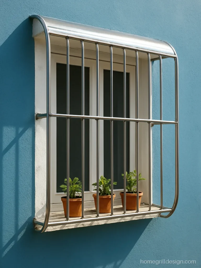 Curved stainless steel pipe grill on a projecting bay window of a coastal house