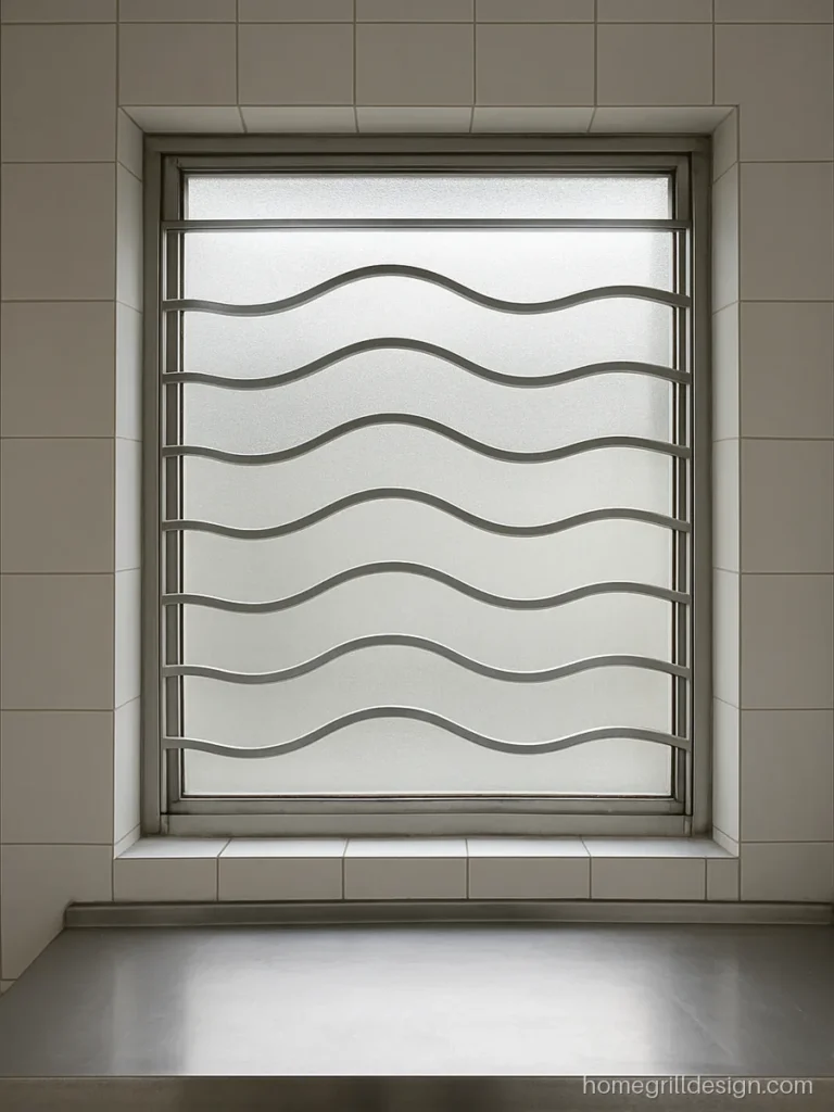 Stainless steel flat strip grill design with a gentle wave pattern on a kitchen window