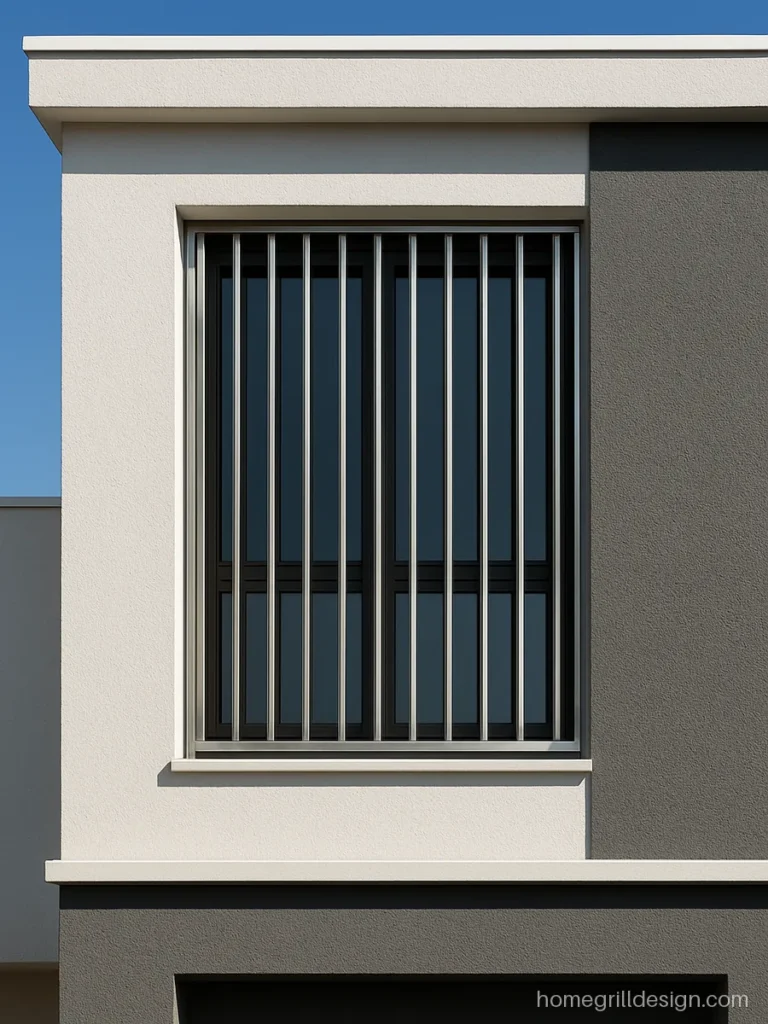 House front steel grill design with tall vertical lines on a double height window