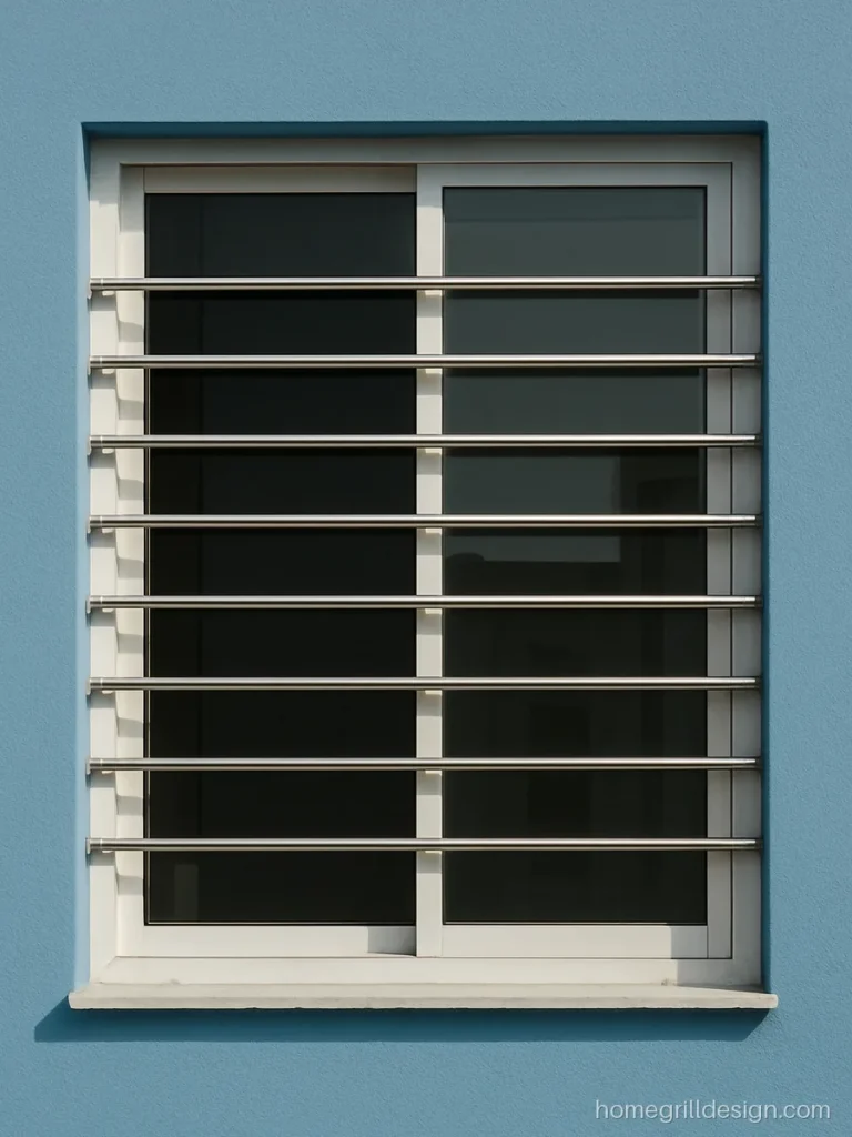 Steel simple window grill design with slim horizontal pipes on a sliding window