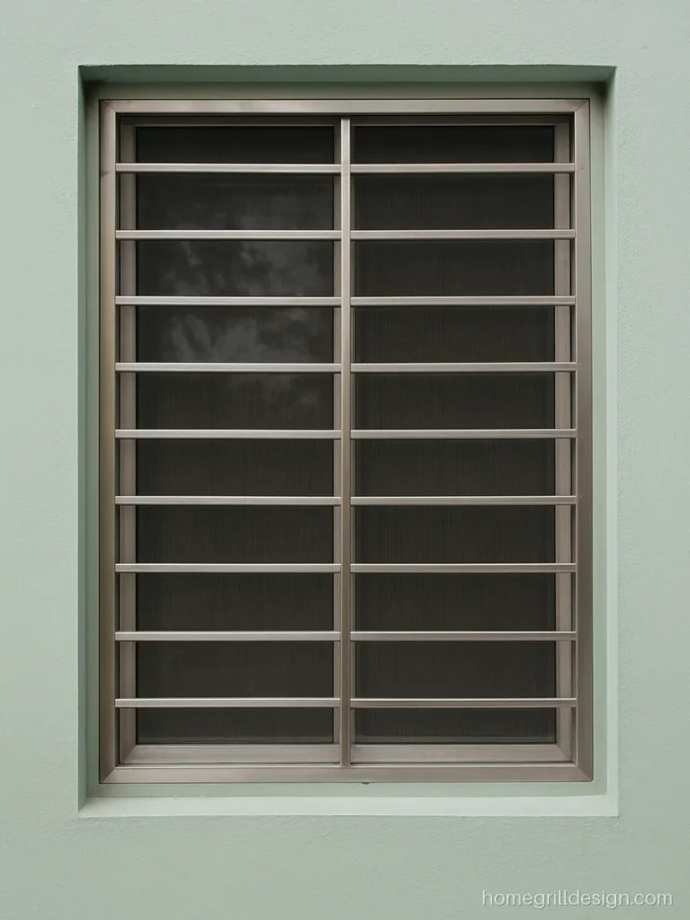 Steel window grill with stainless mosquito mesh behind square bars in a hall