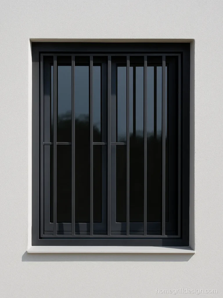 Black coated stainless steel grill design with offset vertical square tubes on a window