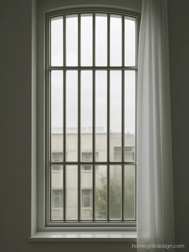SS window grill design with satin pipes in a ladder pattern on a living room window