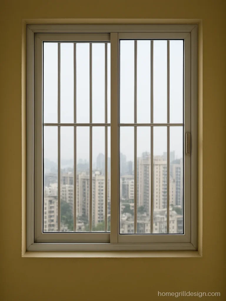 Simple steel grill design with plain bars and an openable hatch in a flat bedroom