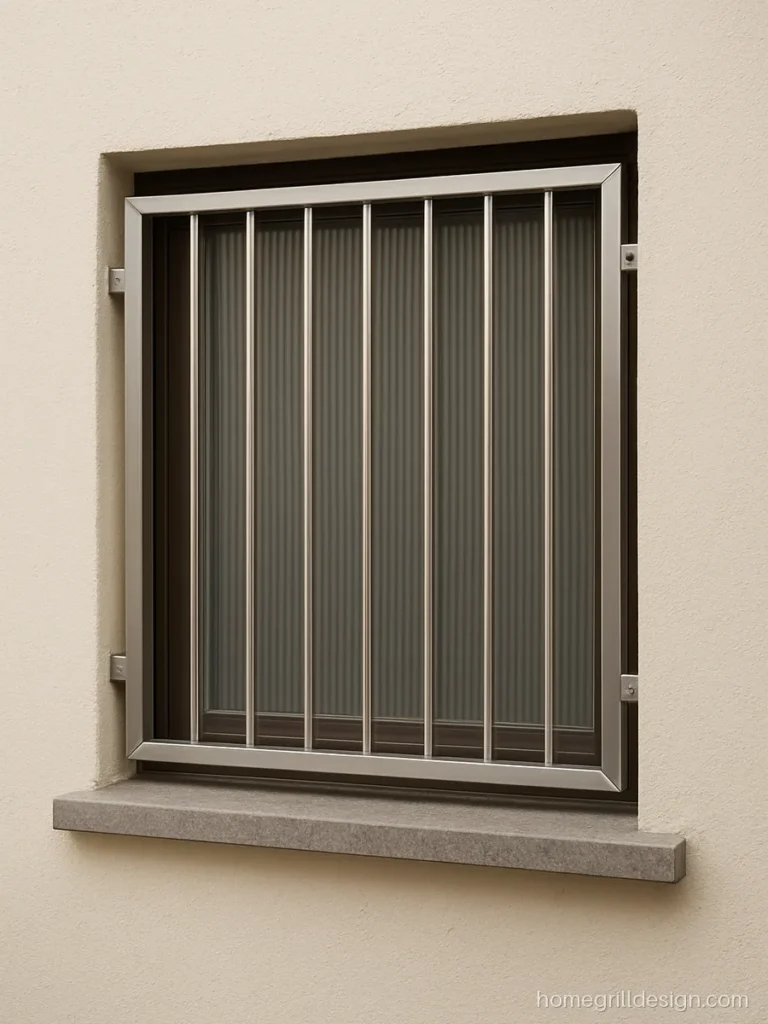 Steel glass grill design with fluted glass strips between satin steel bars