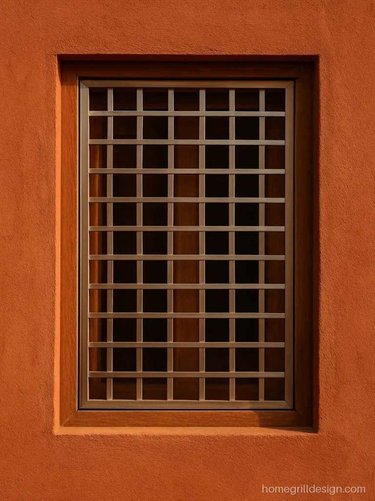 Steel grill design of interlocking flat strip boxes on a terracotta coloured wall