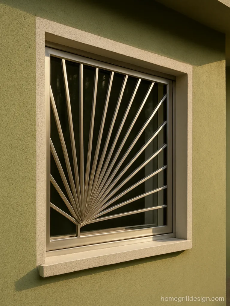 Steel window grill with flat strips fanning out like sun rays on a corner window