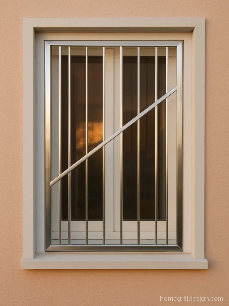 SS square tube window grill with a diagonal band across the middle in mirror finish
