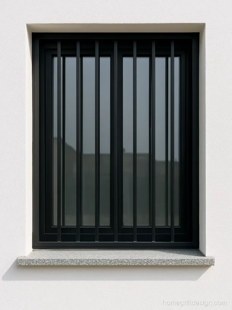 Simple grill window design with thin vertical flat strips in black
